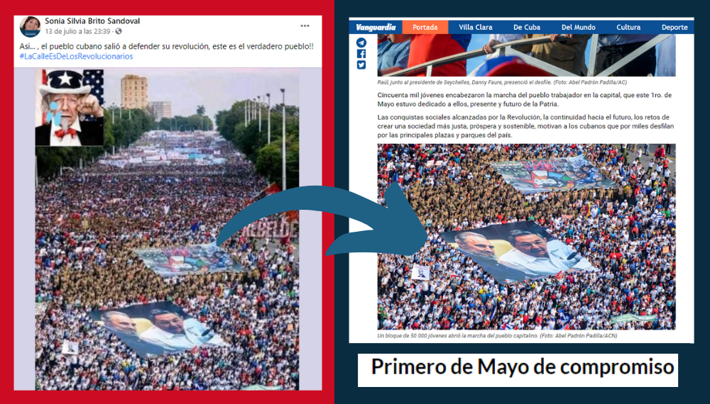 Comparación entre la fotografía publicada por Sonia Brito y la publicación de La Vanguardia que mostrando que no es actual.