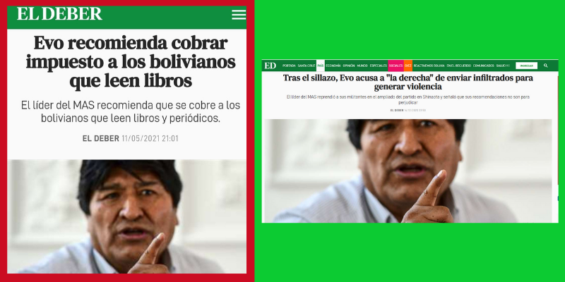 Comparaciòn entre una publicaciòn falsa y otra verdadera de El Deber que usa la misma fotografìa de Evo Morales.