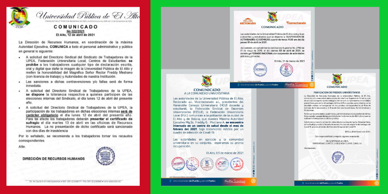 Comparación entre el comunicado falso (izquierda) y otros oficiales de la UPEA (derecha).