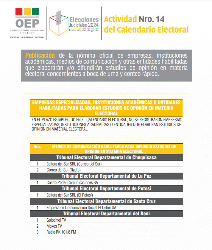 Calendario electoral del Órgano Electoral Plurinacional mostrando que no hay nadie autorizado para realizar encuestas en las elecciones judiciales de este año. 