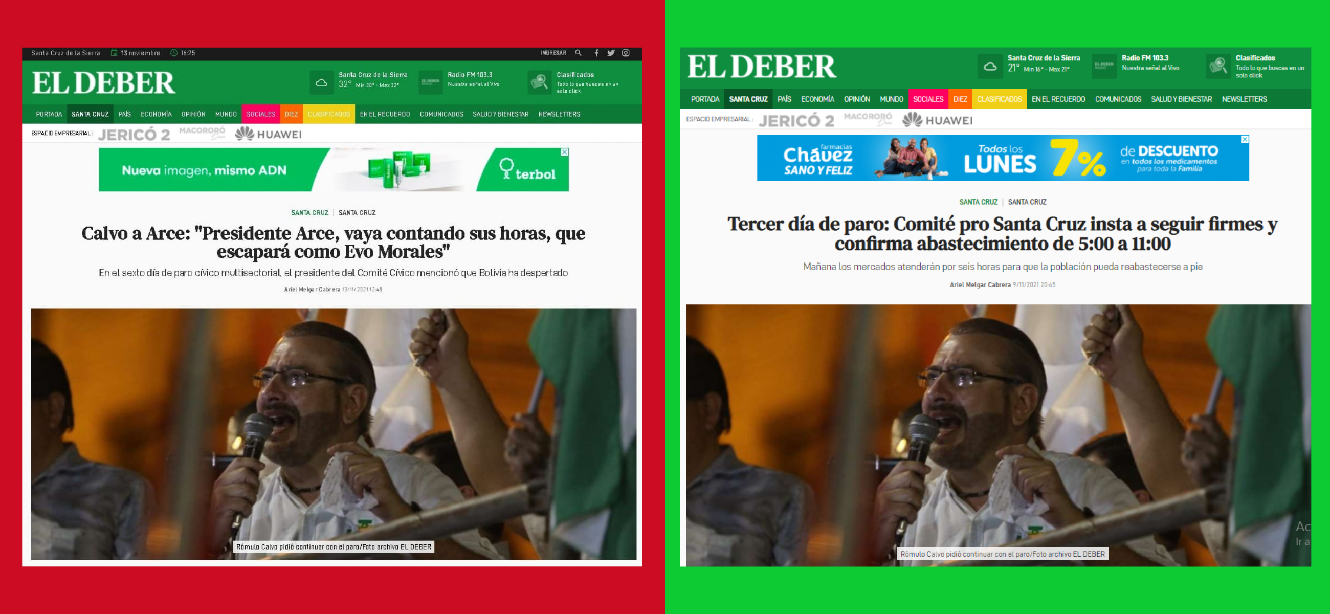 Comparación entre la publicación falsa y una original de El Deber.