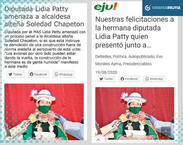 Comparación entre la imagen viral con información falsa (izquierda) y una publicación real de Eju.Tv (derecha).