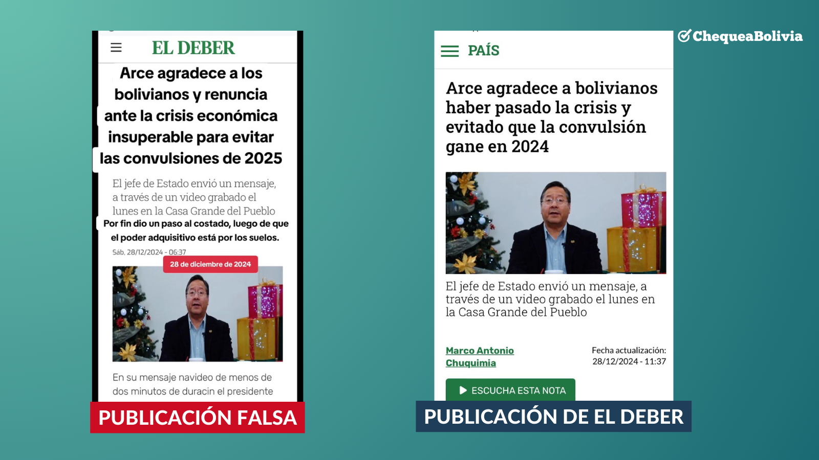 Comparación entre la nota de prensa manipulada y la original publicada por El Deber.