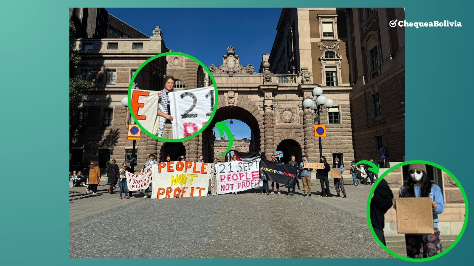 Foto que muestra a Thunberg y al letrero referente a los incendios en Bolivia (Fuente: Cuentas de IG y X de Greta Thunberg)