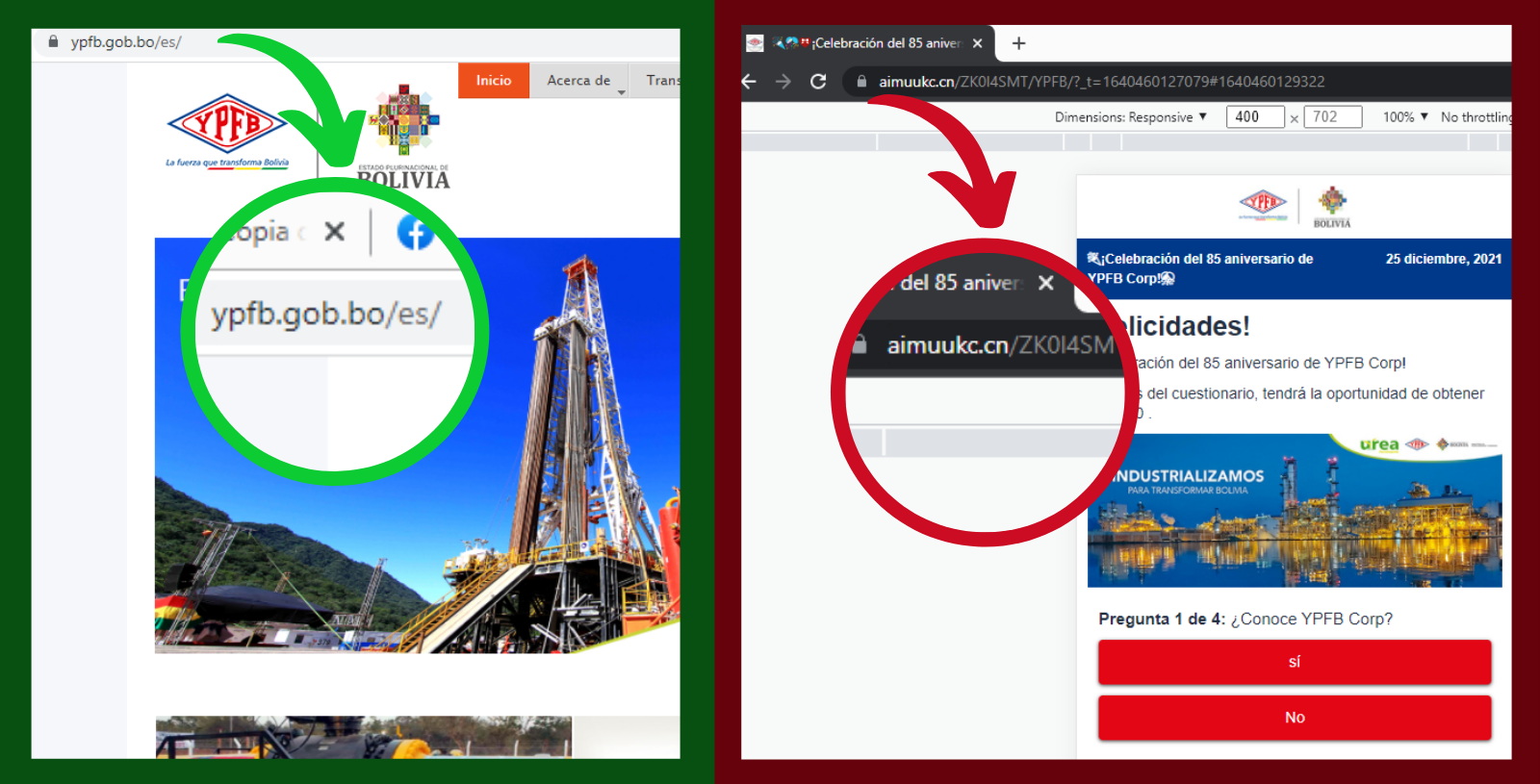 A la izquierda la captura de la página web de YPFB con el dominio oficial, a la derecha el enlace con información falsa que se comparte por WhatsApp.  