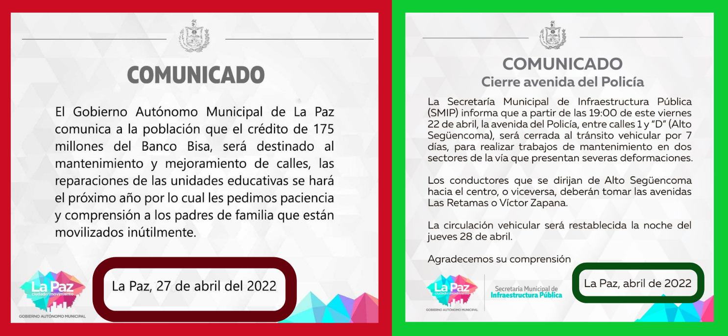 Comparación entre el comunicado falso y uno verdadero publicado por la Alcaldía de La Paz.
