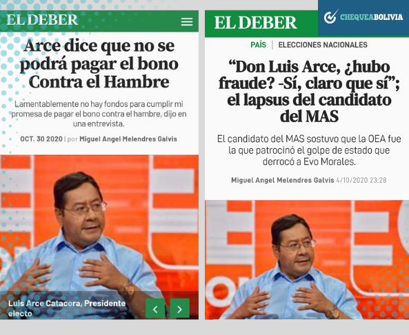 A la izquierda la publicación falsa que circula y a la derecha una nota informativa de El Deber. 