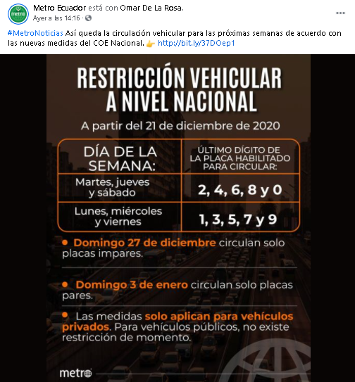 Imagen que informa sobre una restricción vehicular en Ecuador (Fuente: Metro Ecuador)