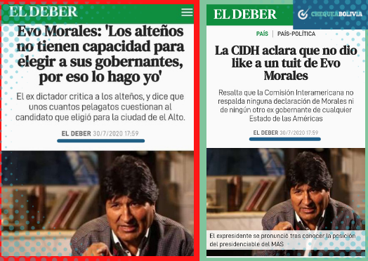 A la izquierda la publicación falsa con base a una manipulación de una real de El Deber (derecha).