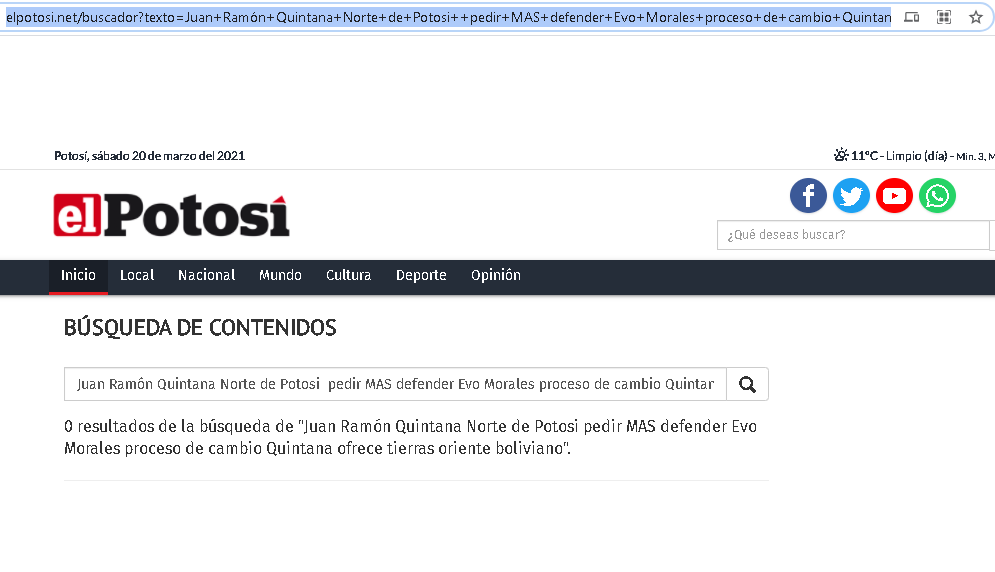 Captura de una de las búsquedas que realizó Chequea Bolivia en los medios oficiales de El Potosí. 
