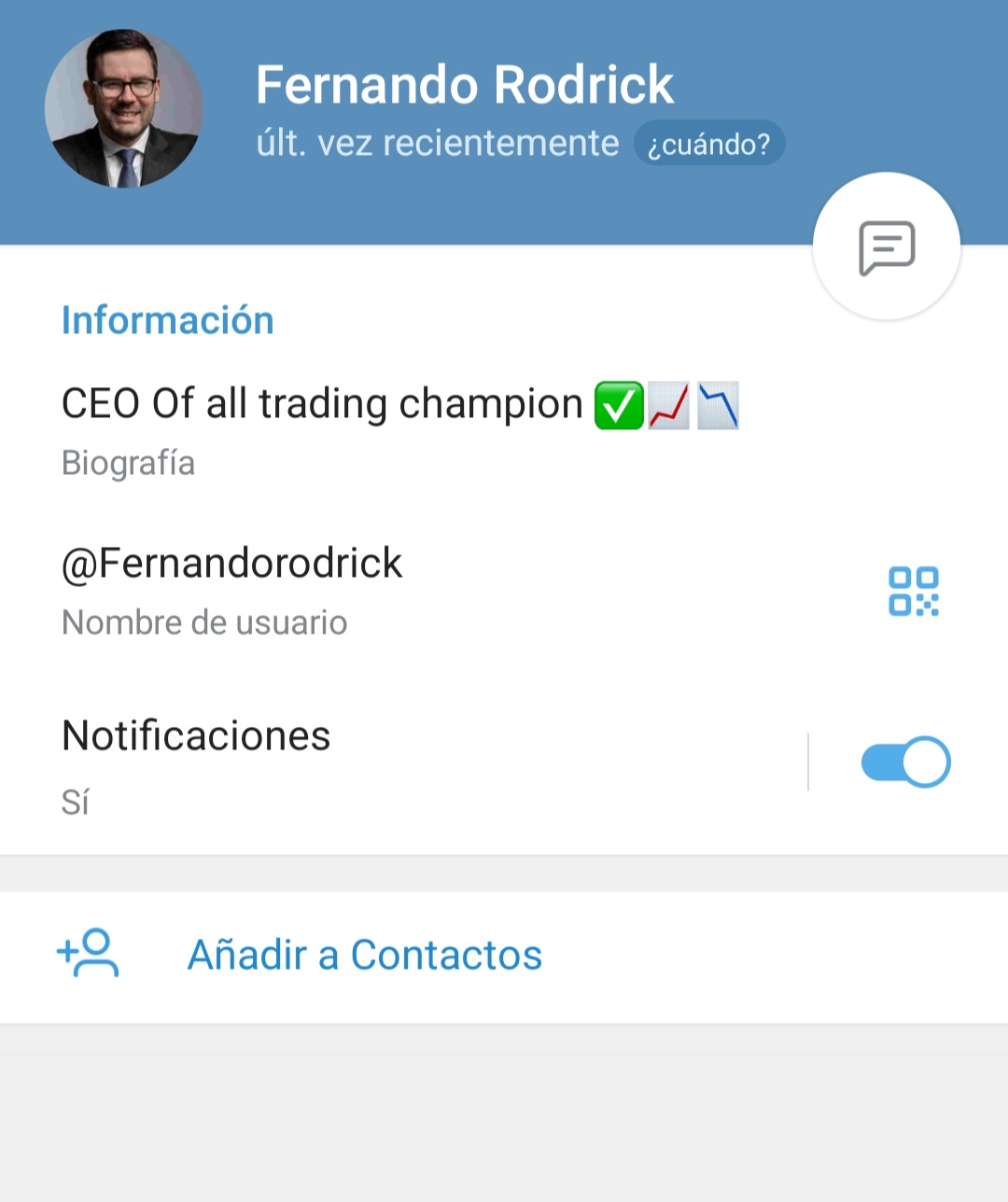 Una captura de la cuenta de Telegram que está vinculada a la cuenta falsa. 