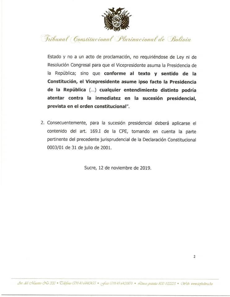 Comunicado del Tribunal Constitucional Plurinacional del 12 de noviembre de 2019, sobre la sucesión de mando.