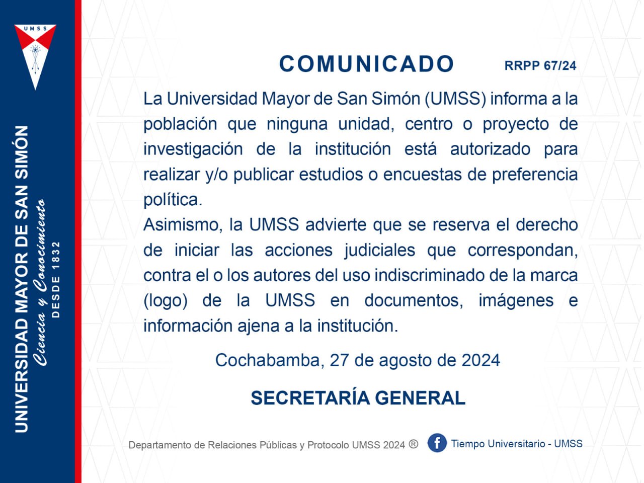 Comunicado de la UMSS (Fuente: Canal oficial de Telegram  de la UMSS)