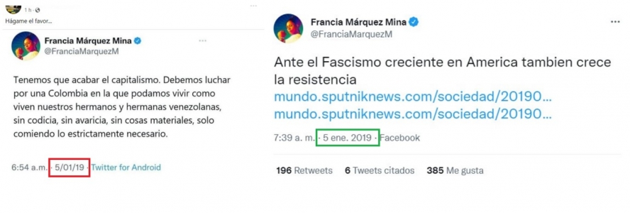 Comparación entre el tuit falso y  uno real de cuenta oficial de Francia Márquez (Fuente: AFP Factual). 