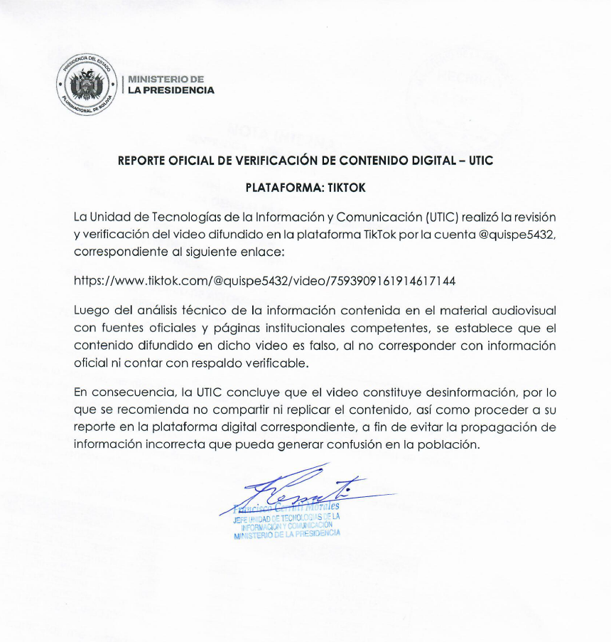 Informe del Ministerio de la Presidencia desmintiendo la desinformación