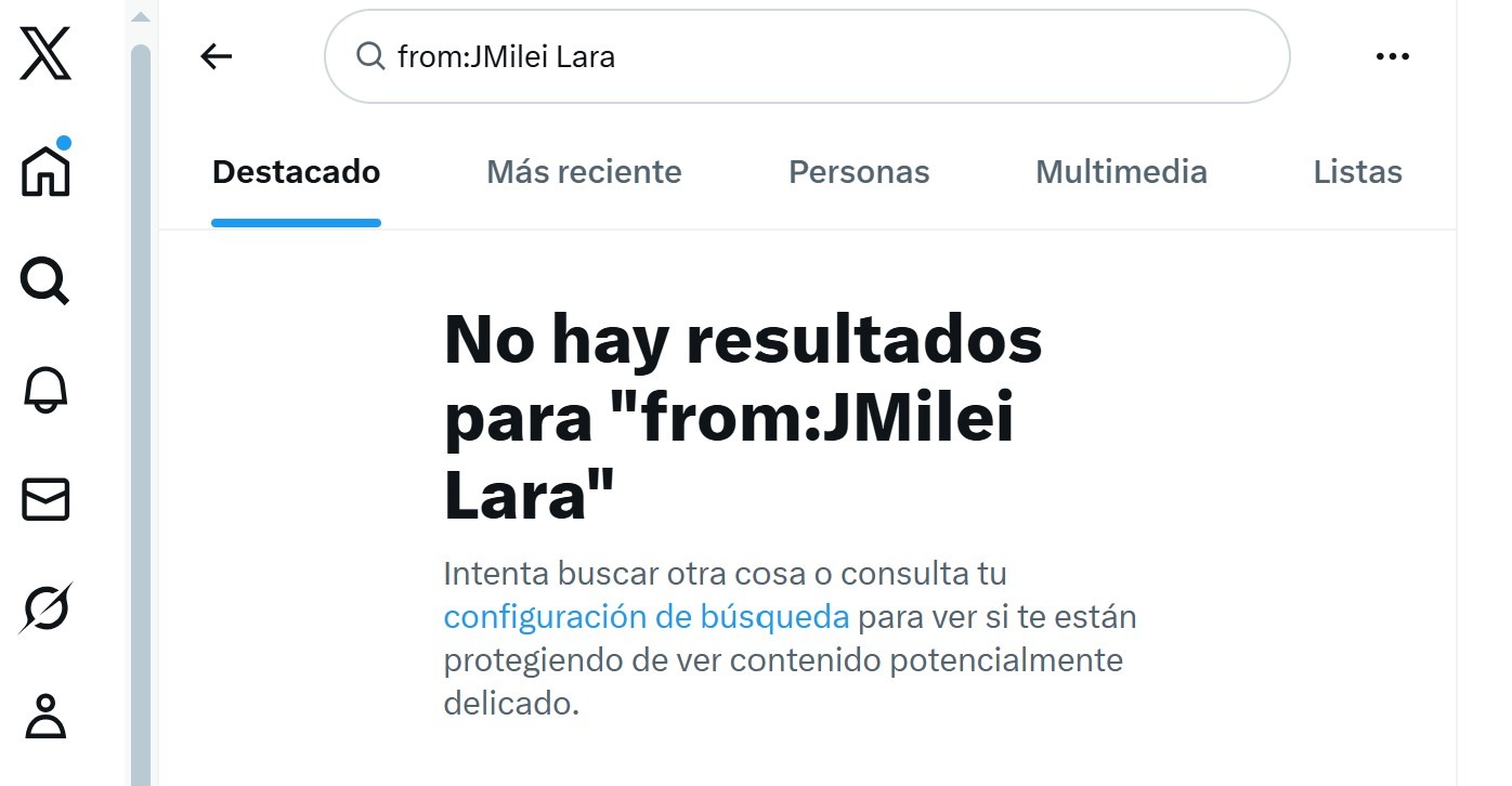 Busqueda de la palabra Lara en el perfil de Milei, dónde se puede ver que no existen resultados