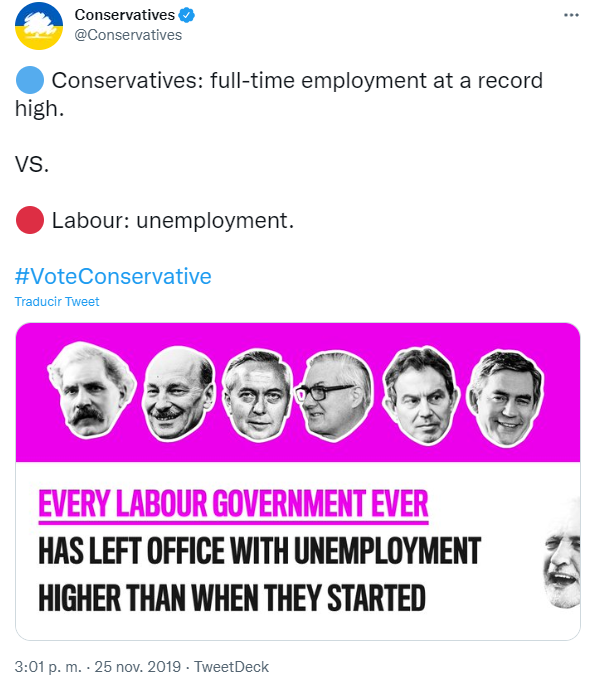 Tuit del Partido Conservador de Reino Unido asegurando que “todos los gobiernos anteriores han dejado el cargo con más desempleo que cuando empezaron” (Fuente: Twitter)