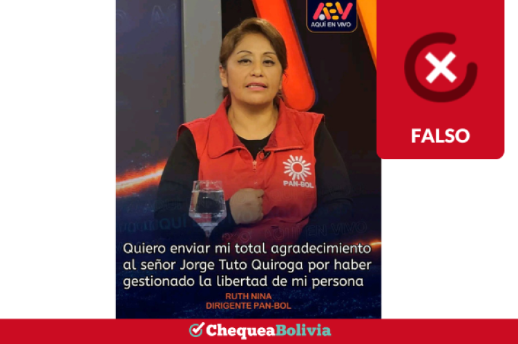 En Facebook circula una imagen con la línea gráfica “Aquí en Vivo”, donde se muestra a Ruth Nina agradeciendo a Jorge “Tuto” Quiroga por supuestamente gestionar su libertad