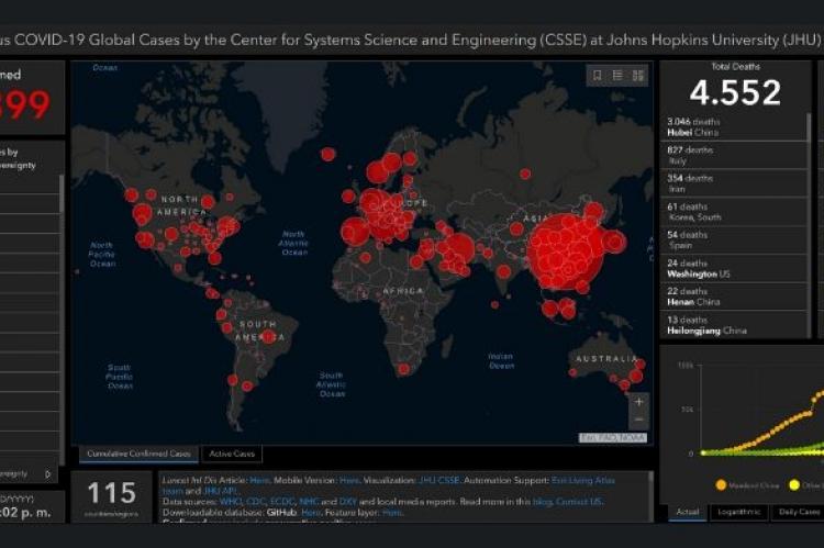 Una captura del mapa creado por el Centro de Ciencia e Ingeniería de Sistemas de la Universidad Johns Hopkins. 