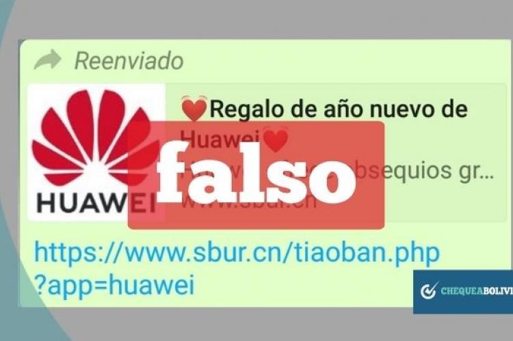 Captura del mensaje que comparte un enlace falso en WhatsApp sobre un sorteo atribuido a Huawei. 