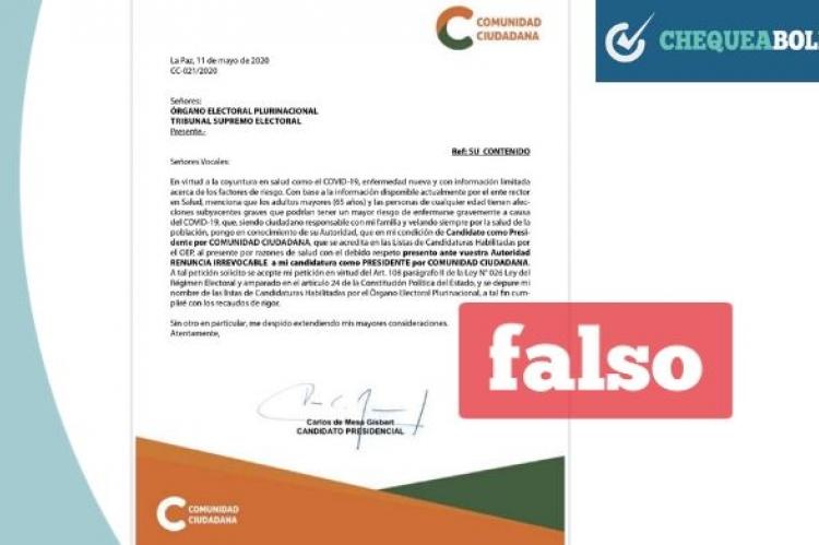 Carlos Mesa presenta carta de renuncia a la candidatura presidencial de  Comunidad Ciudadana | ChequeaBolivia