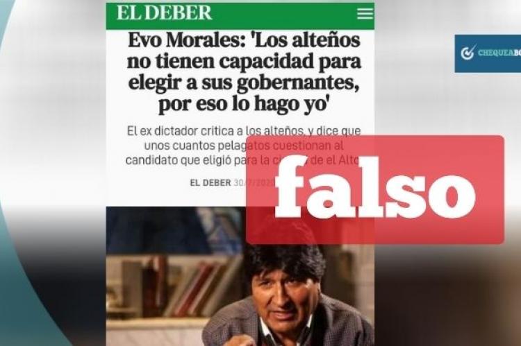Captura de la imagen que difunde información sobre Morales atribuida al periódico El Deber. 