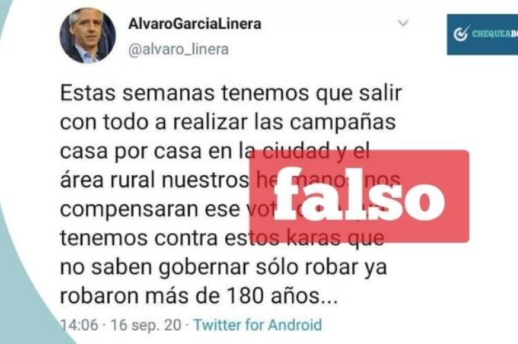 Captura del tuit falso de García Linera que circula en redes sociales. 