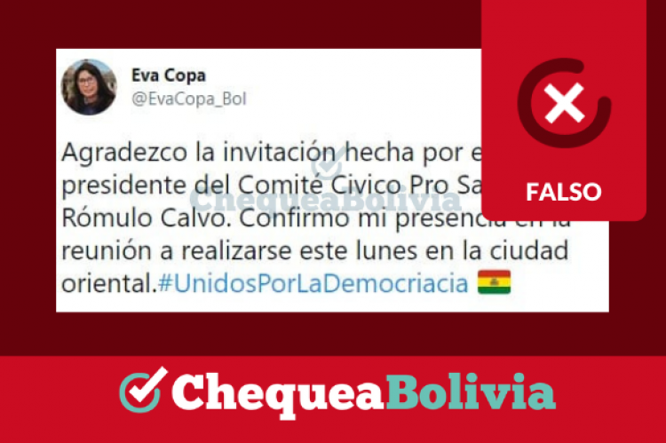Captura del tuit falso de Eva Copa aceptando la invitación del Comité Cívico pro Santa Cruz.