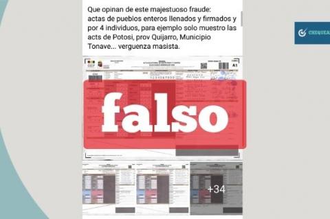 Captura de la publicación que difunde información falsa sobre actas en Potosí.