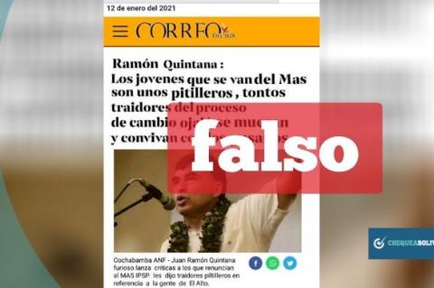 Captura de la imagen que difunde información falsa de Quintana atribuida a Correo Del Sur.