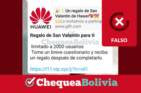 Captura de la cadena que se comparte por WhatsApp y asegura falsamente que Huawei está sorteando premios por San Valentín después de llenar "un breve cuestionario". 