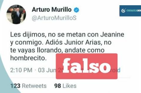 El tuit falso del ministro de Gobierno, Artuto Murillo que circula en las redes sociales.