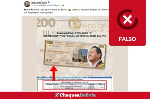 Publicación que difunde información falsa sobre los billetes bolivianos del Bicentenario.