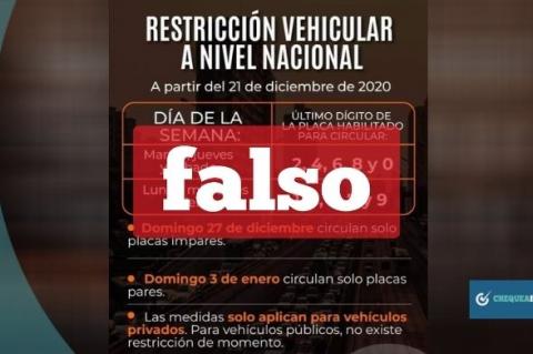 Captura de la imagen que circula por WhatsApp informando falsamente que hay una restricción vehicular en Bolivia.