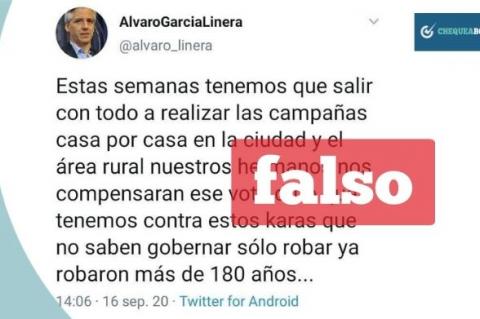 Captura del tuit falso de García Linera que circula en redes sociales. 