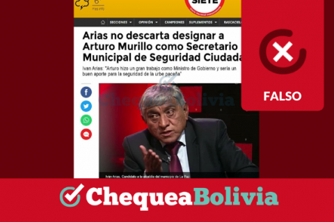 Imagen con  falsa atribuida a Página Siete indicando que Arias consideró designar a Arturo Murillo como Secretario Municipal de Seguridad Ciudadana.