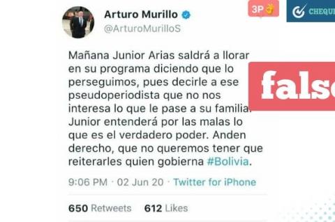 Publicación en Facebook de supuesto tuit de Arturo Murillo