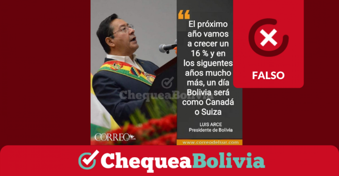 Imagen que se comparte y difunde falsamente que Luis Arce prometió que “un día Bolivia será como Canadá o Suiza”.