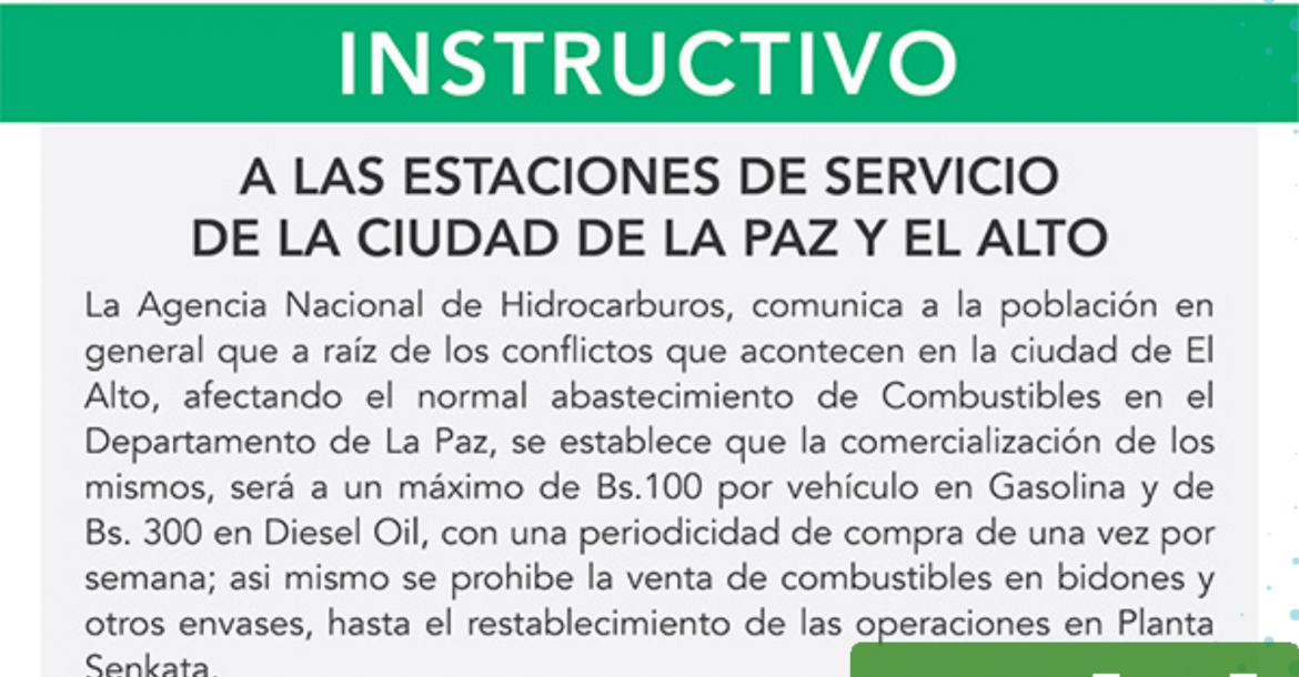 Comunicado sobre el abastecimiento de diésel y gasolina en La Paz. 
