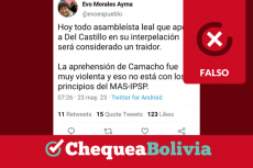 Capturas del tuit falso de Evo Morales sobre la interpelación de Del Castillo.